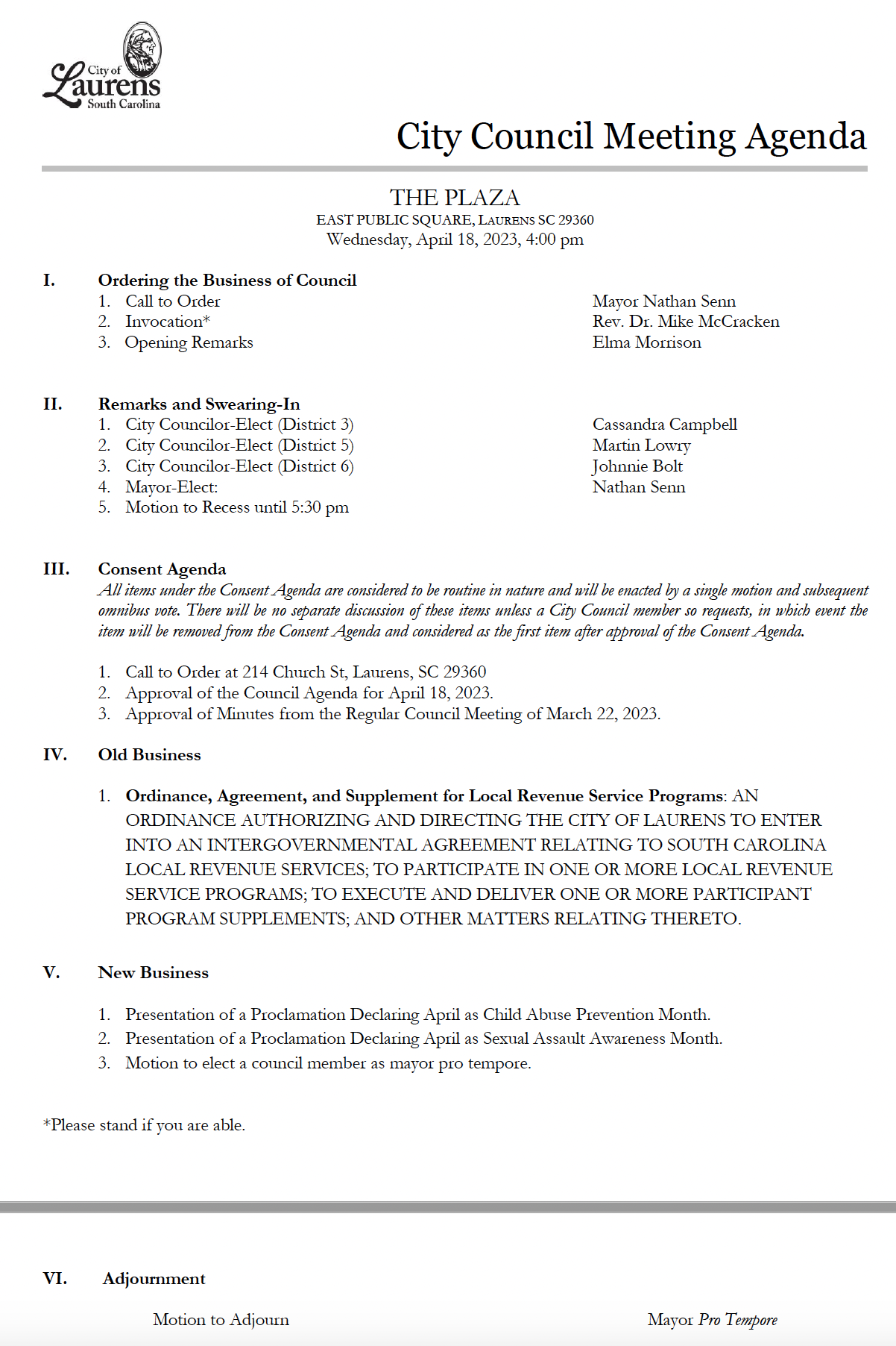 Laurens City Council Meeting Agenda - April 18 - Who's On The Move